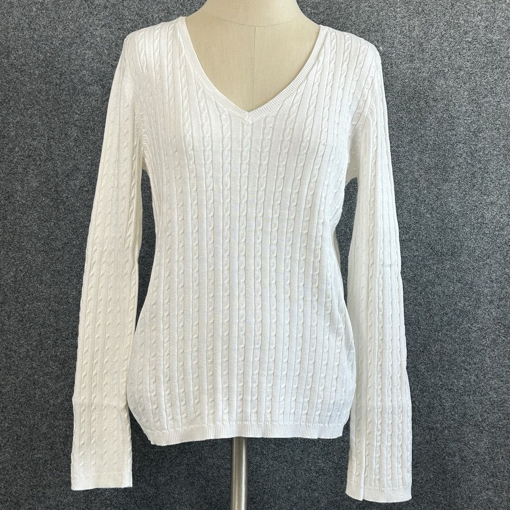 Anne Klein Cable Knit V-Neck‎ Sweater – Women's Medium – Off-White
